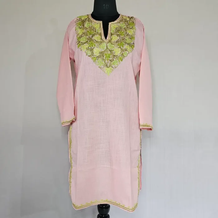 Pinkish Long Kashmiri Ari Embroidered Cotton Kurti - Zohra - Image 2