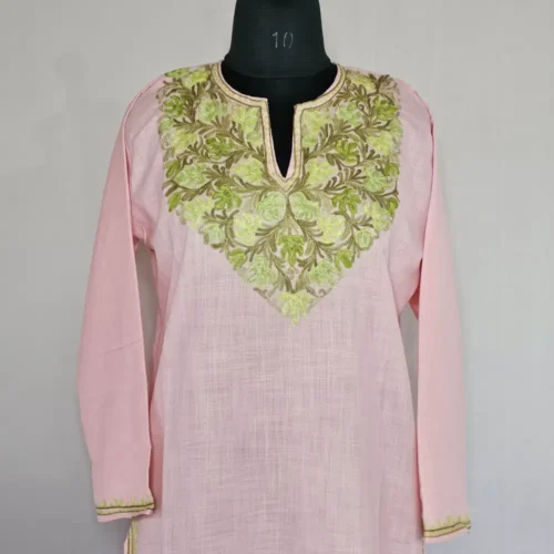 Pinkish Long Kashmiri Ari Embroidered Cotton Kurti - Zohra