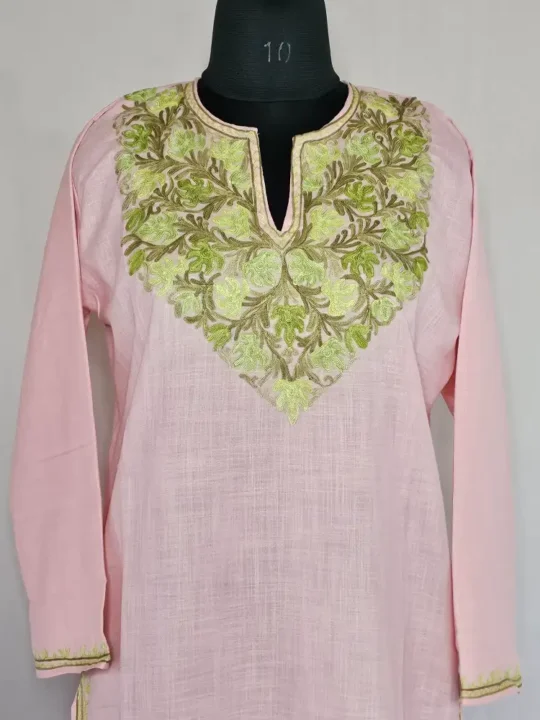 Pinkish Long Kashmiri Ari Embroidered Cotton Kurti - Zohra