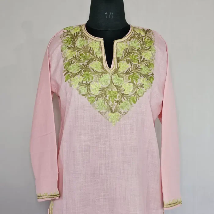 Pinkish Long Kashmiri Ari Embroidered Cotton Kurti - Zohra
