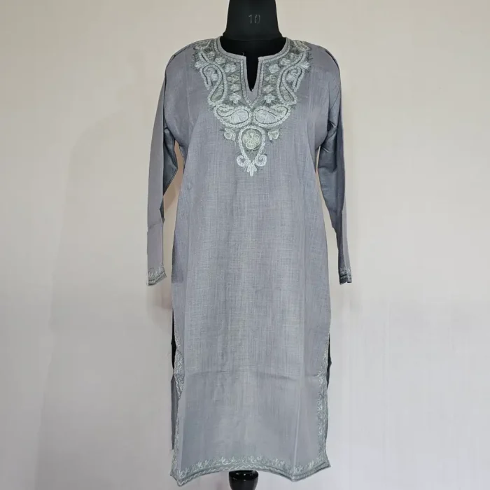 Grey Color Long Kashmiri Ari Embroidered Cotton Kurti - Zohra - Image 2