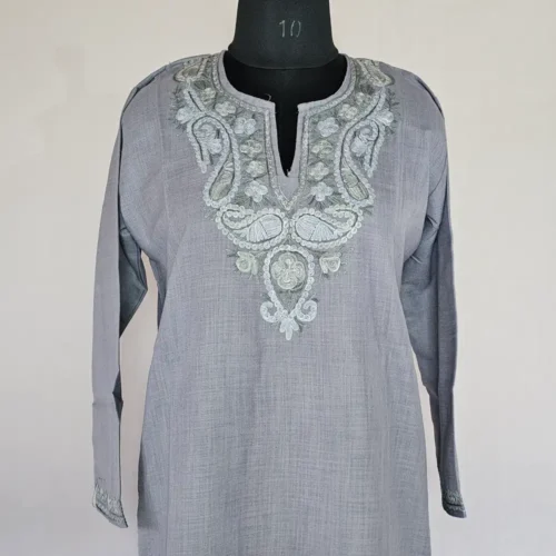 Grey Color Long Kashmiri Ari Embroidered Cotton Kurti - Zohra