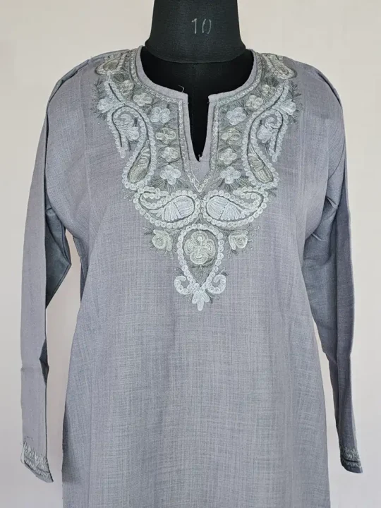 Grey Color Long Kashmiri Ari Embroidered Cotton Kurti - Zohra