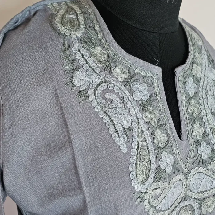 Grey Color Long Kashmiri Ari Embroidered Cotton Kurti - Zohra - Image 3