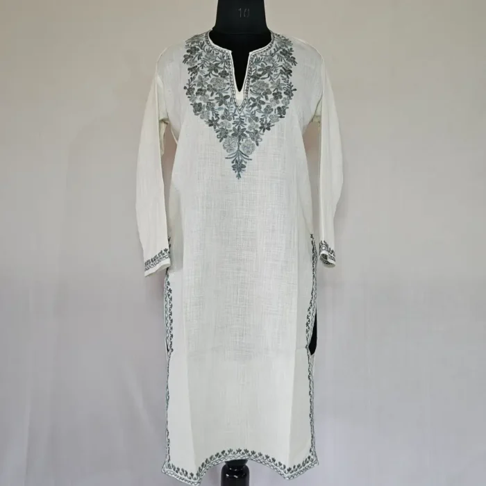 Long Kashmiri Ari Embroidered Creamy Cotton Kurti - Zohra - Image 2