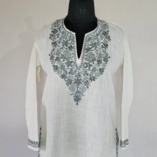 Long Kashmiri Ari Embroidered Creamy Cotton Kurti - Zohra