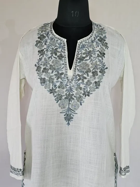 Long Kashmiri Ari Embroidered Creamy Cotton Kurti - Zohra