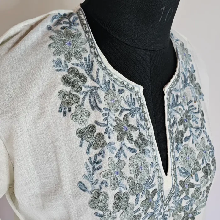 Long Kashmiri Ari Embroidered Creamy Cotton Kurti - Zohra - Image 3