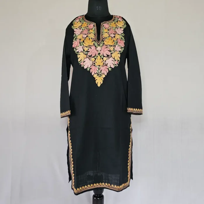 Long Kashmiri Ari Embroidered Black Cotton Kurti - Zohra - Image 2