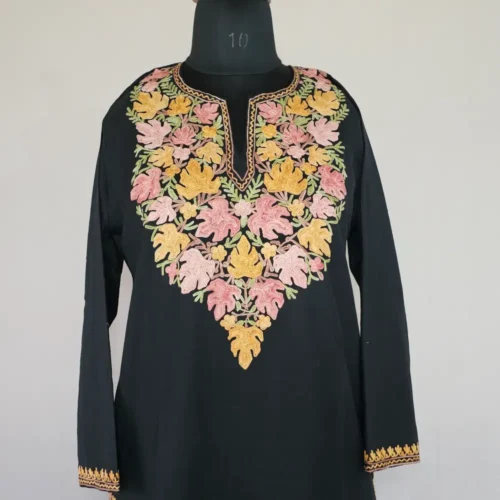 Long Kashmiri Ari Embroidered Black Cotton Kurti - Zohra