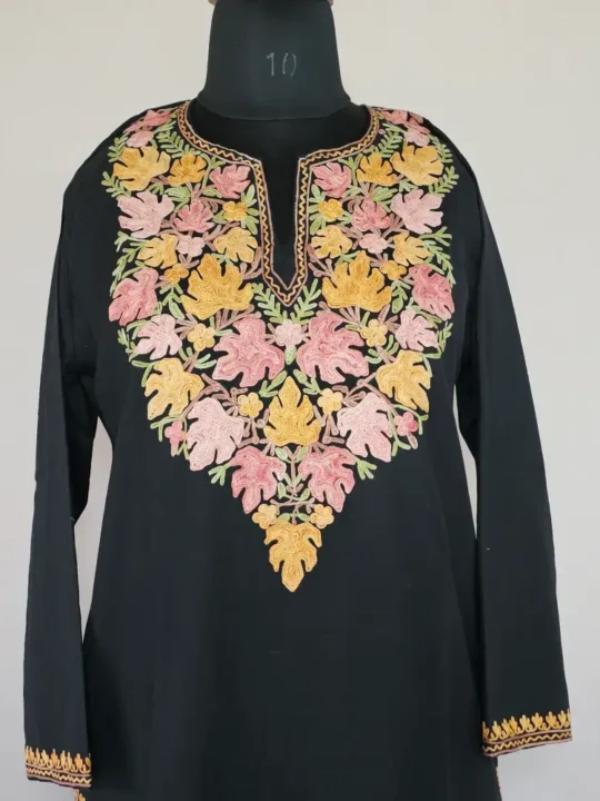 Long Kashmiri Ari Embroidered Black Cotton Kurti - Zohra