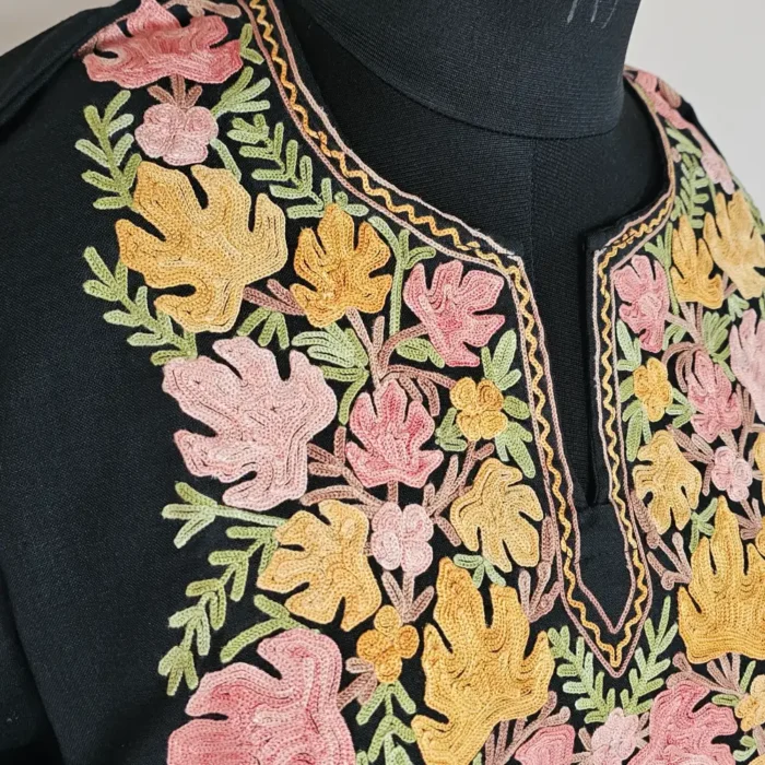 Long Kashmiri Ari Embroidered Black Cotton Kurti - Zohra - Image 3