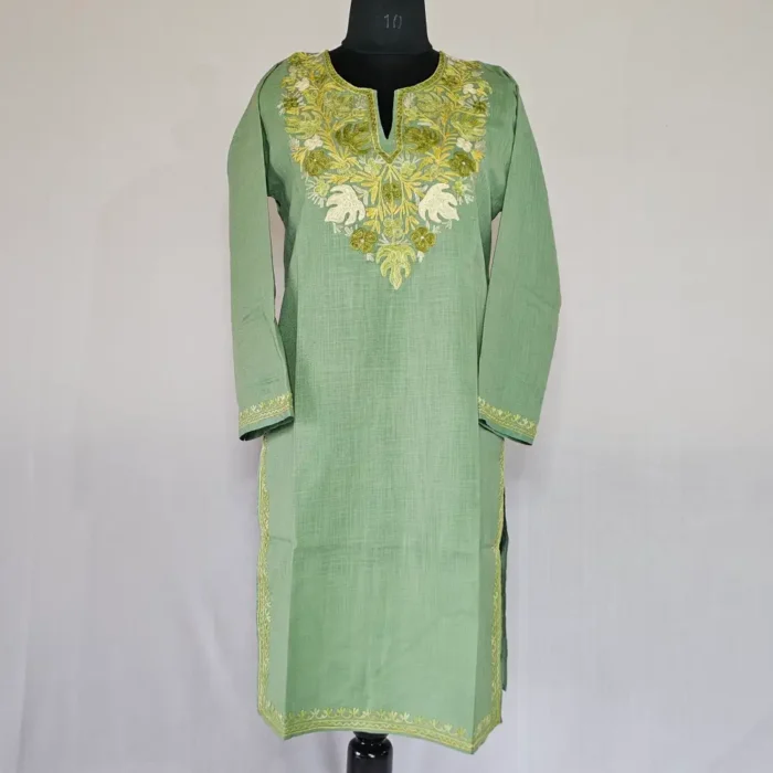 Sea Green Long Kashmiri Ari Embroidered Cotton Kurti - Zohra - Image 2