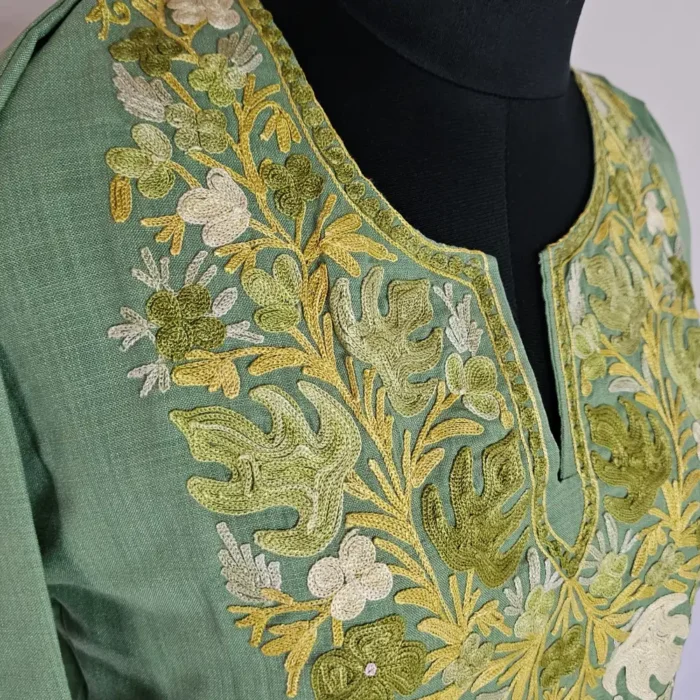 Sea Green Long Kashmiri Ari Embroidered Cotton Kurti - Zohra - Image 3