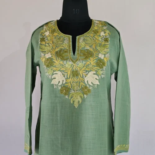Sea Green Long Kashmiri Ari Embroidered Cotton Kurti - Zohra