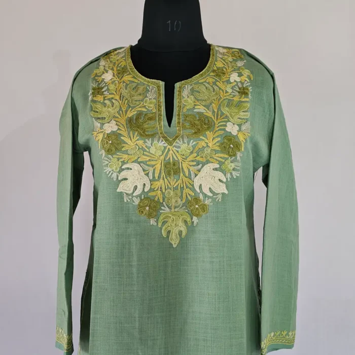 Sea Green Long Kashmiri Ari Embroidered Cotton Kurti - Zohra