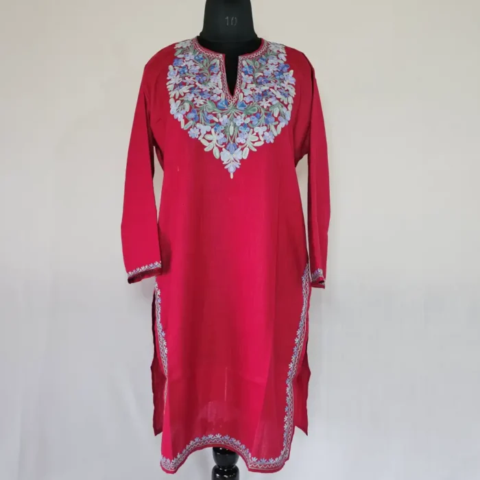 Long Kashmiri Ari Embroidered Maroon Cotton Kurti - Zohra - Image 2