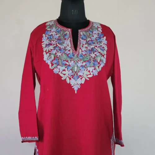 Long Kashmiri Ari Embroidered Maroon Cotton Kurti - Zohra