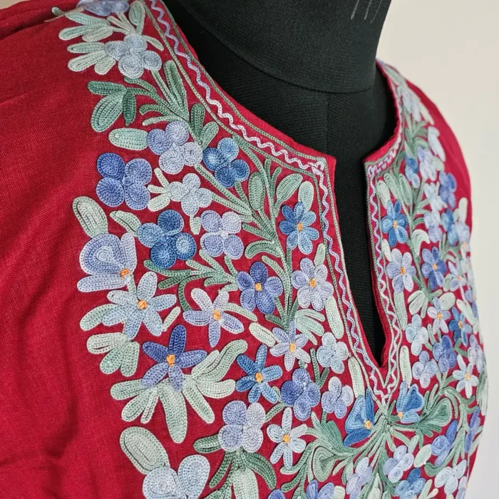 Long Kashmiri Ari Embroidered Maroon Cotton Kurti - Zohra - Image 3