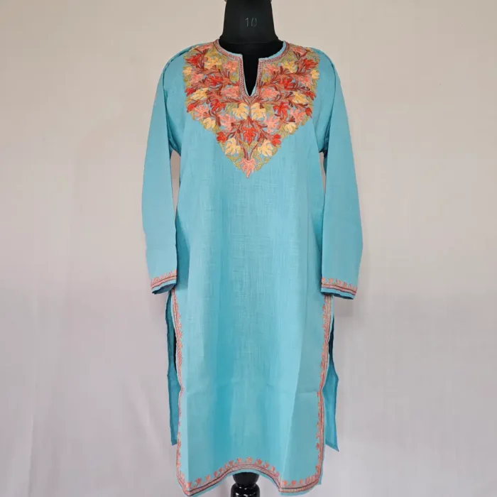 Elegent Blue Long Kashmiri Ari Embroidered Cotton Kurti - Zohra - Image 2