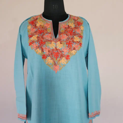 Elegent Blue Long Kashmiri Ari Embroidered Cotton Kurti - Zohra