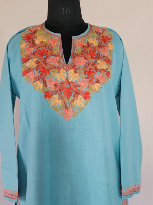 Elegent Blue Long Kashmiri Ari Embroidered Cotton Kurti - Zohra