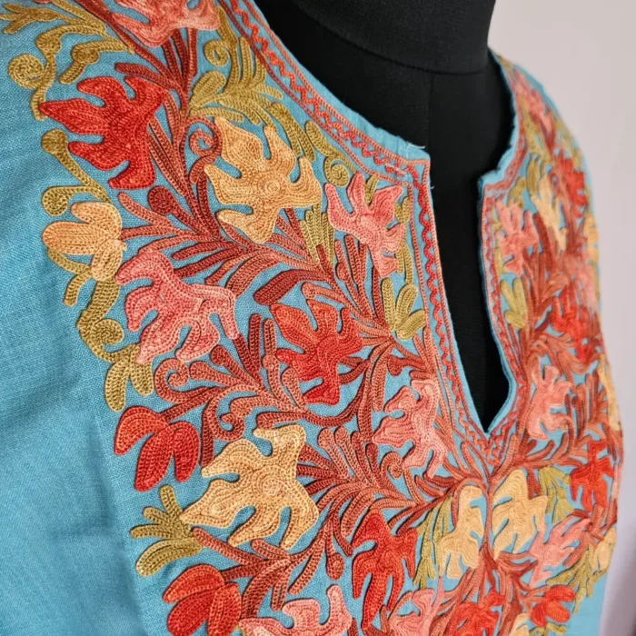 Elegent Blue Long Kashmiri Ari Embroidered Cotton Kurti - Zohra - Image 3