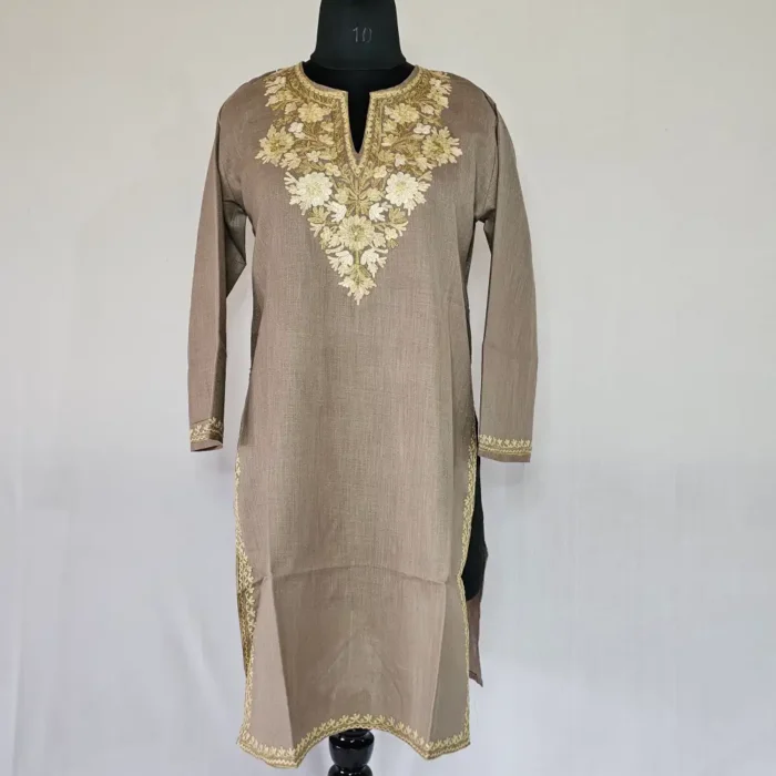 Beige Long Kashmiri Ari Embroidered Cotton Kurti - Zohra - Image 2