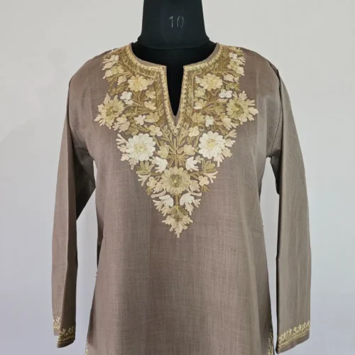 Beige Long Kashmiri Ari Embroidered Cotton Kurti - Zohra