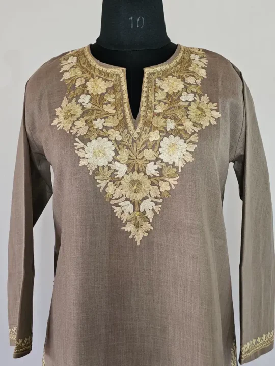 Beige Long Kashmiri Ari Embroidered Cotton Kurti - Zohra