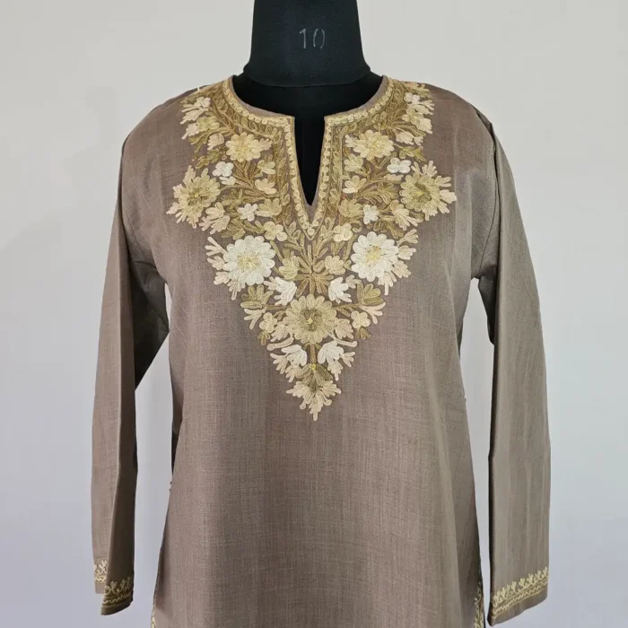 Beige Long Kashmiri Ari Embroidered Cotton Kurti - Zohra