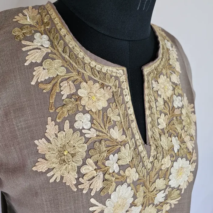 Beige Long Kashmiri Ari Embroidered Cotton Kurti - Zohra - Image 3
