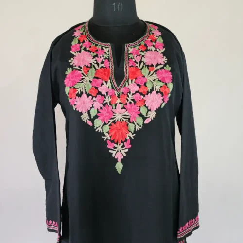 Elegent Black Long Kashmiri Ari Embroidered Cotton Kurti - Zohra