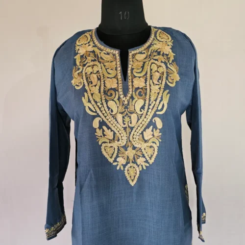 Dark Grey Long Kashmiri Ari Embroidered Cotton Kurti - Zohra