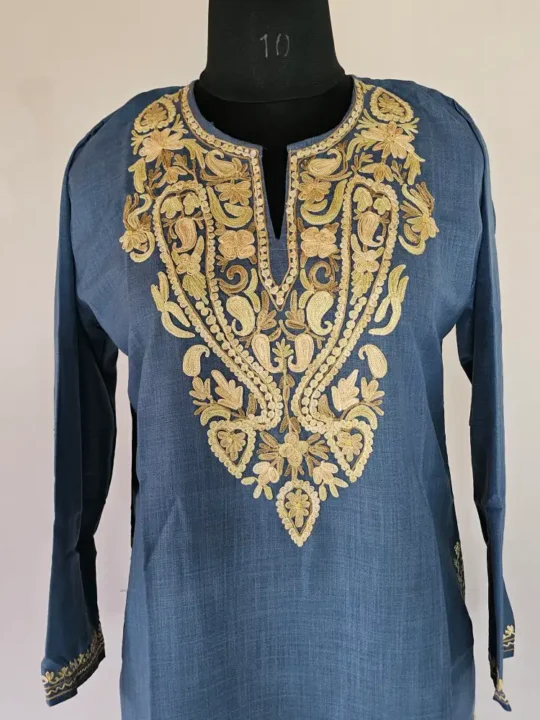 Dark Grey Long Kashmiri Ari Embroidered Cotton Kurti - Zohra