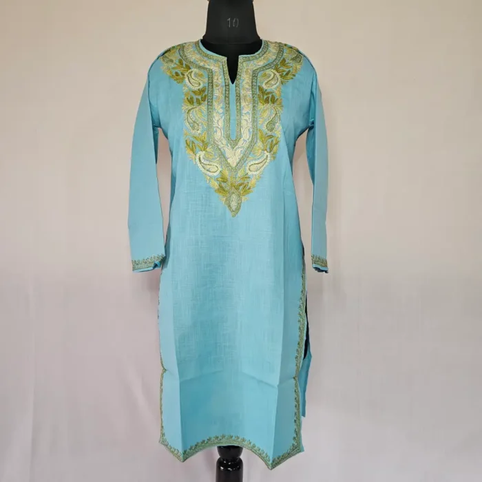 Long Blue Kashmiri Ari Embroidered Cotton Kurti - Zohra - Image 2