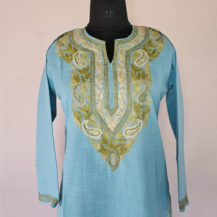 Long Blue Kashmiri Ari Embroidered Cotton Kurti - Zohra