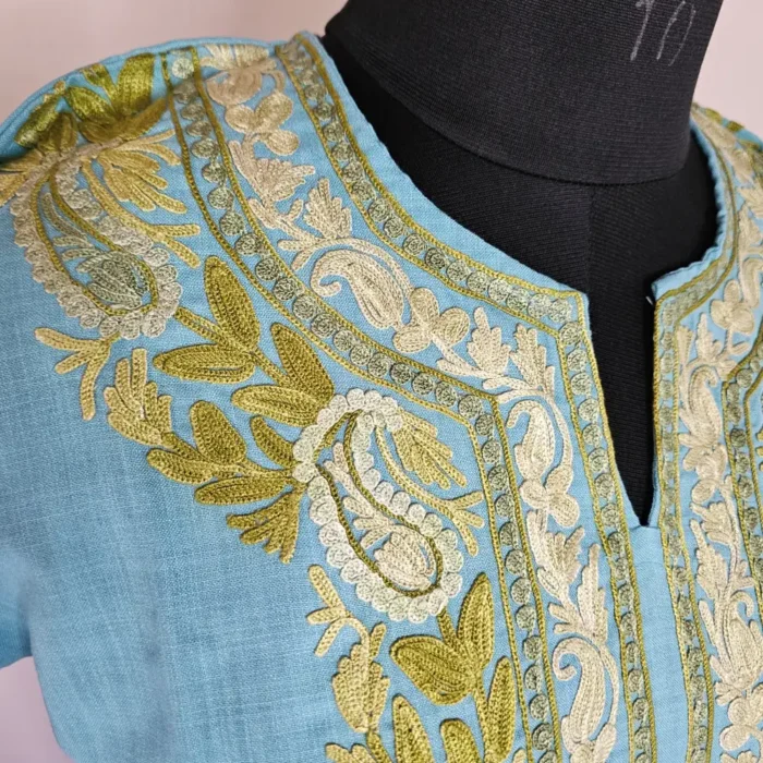 Long Blue Kashmiri Ari Embroidered Cotton Kurti - Zohra - Image 3