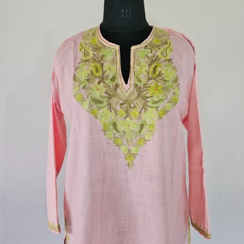 Long Kashmiri Ari Embroidered Pink Color Cotton Kurti - Zohra