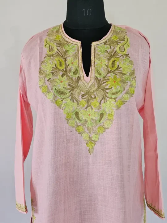 Long Kashmiri Ari Embroidered Pink Color Cotton Kurti - Zohra