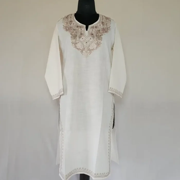Long Kashmiri Cream Color Ari Embroidered Cotton Kurti - Zohra - Image 2