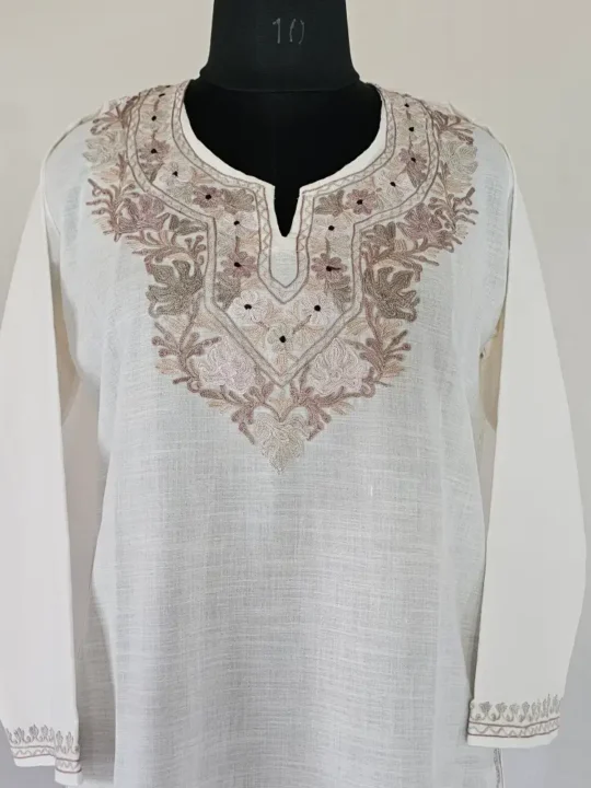Long Kashmiri Cream Color Ari Embroidered Cotton Kurti - Zohra