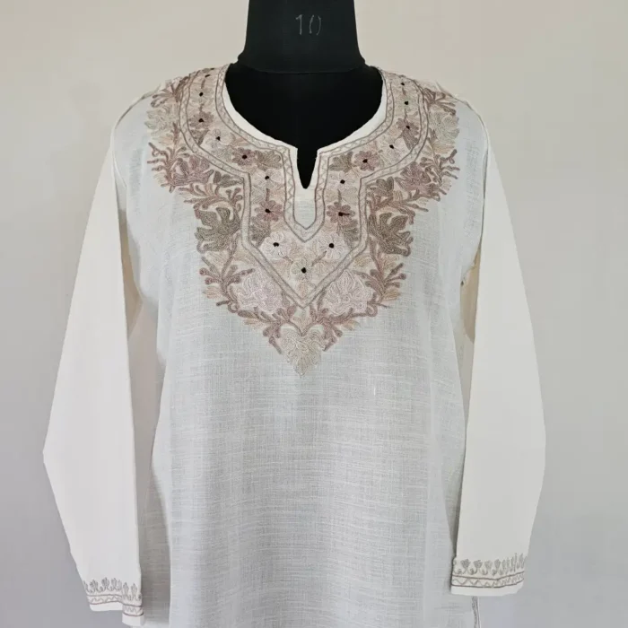 Long Kashmiri Cream Color Ari Embroidered Cotton Kurti - Zohra