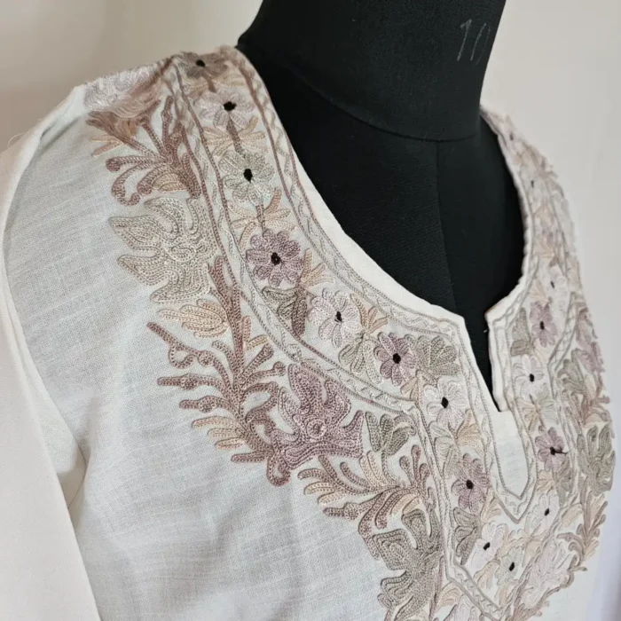 Long Kashmiri Cream Color Ari Embroidered Cotton Kurti - Zohra - Image 3