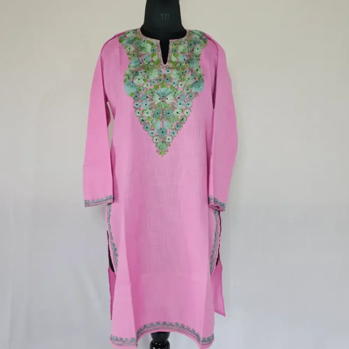 Elegent Pinkish Long Kashmiri Ari Embroidered Cotton Kurti - Zohra - Image 2