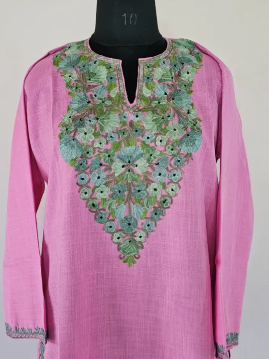 Elegent Pinkish Long Kashmiri Ari Embroidered Cotton Kurti - Zohra