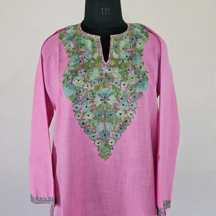 Elegent Pinkish Long Kashmiri Ari Embroidered Cotton Kurti - Zohra