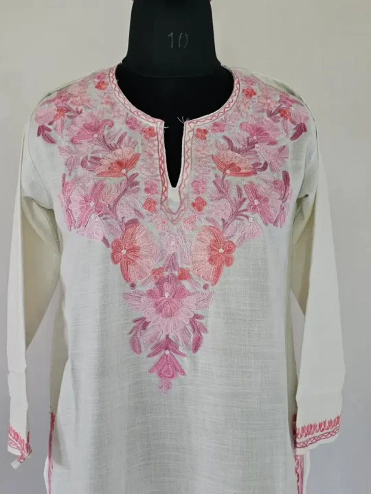 Cream Color Long Kashmiri Ari Embroidered Cotton Kurti - Zohra