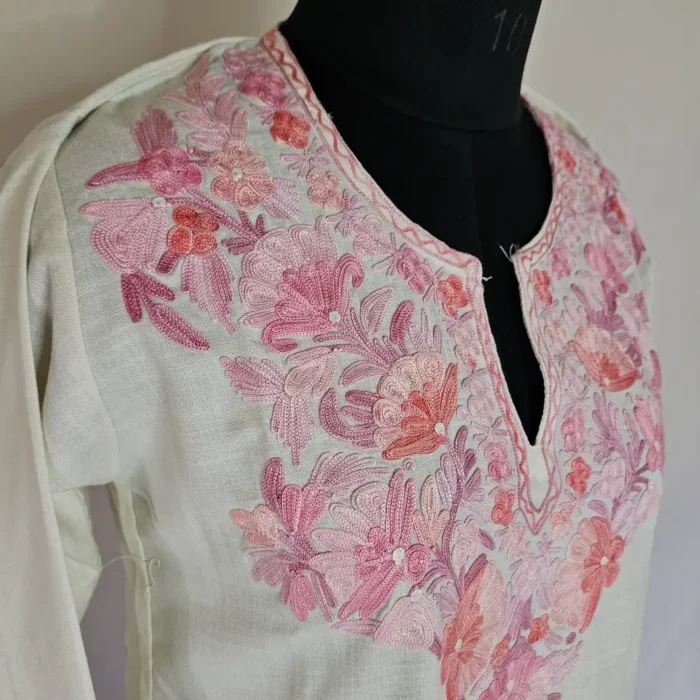 Cream Color Long Kashmiri Ari Embroidered Cotton Kurti - Zohra - Image 3