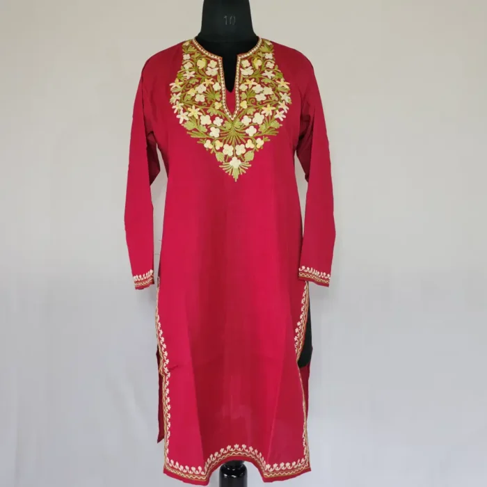 Elegent Long Maroon Kashmiri Ari Embroidered Cotton Kurti - Zohra - Image 2